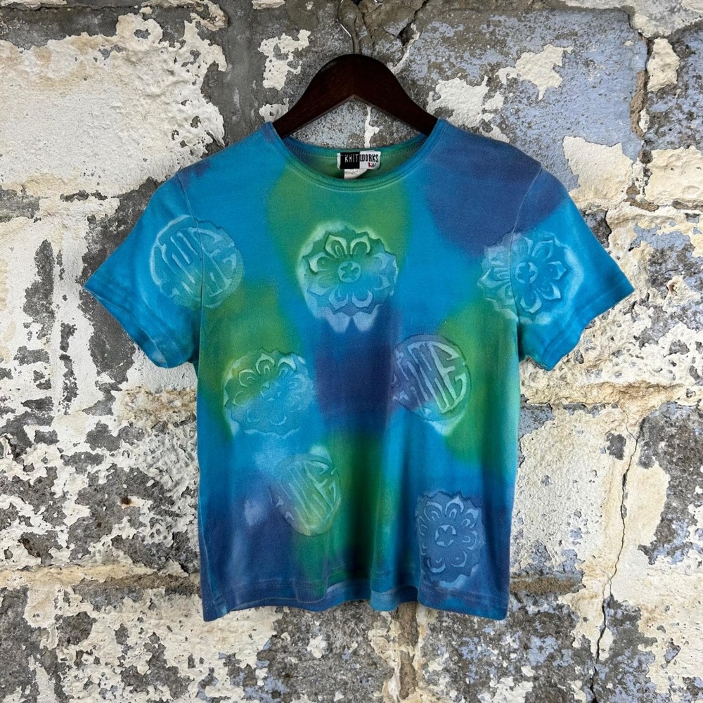 Knitworks Kids Tie Dye Baby Tee Graphic Print Blue Green Short Sleeve Top XL